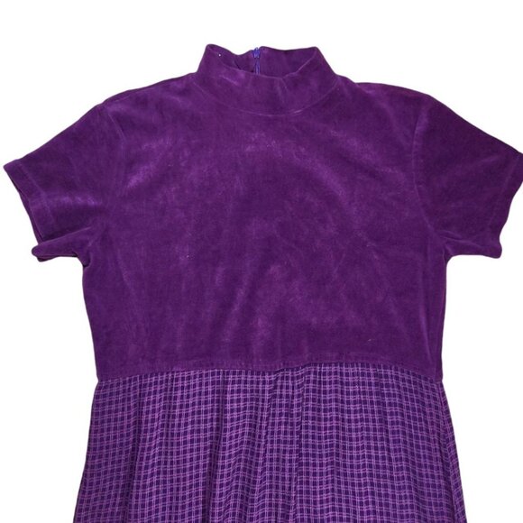 Purple Gingham Empire Waist Vintage Velvet Top Short Sleeve Maxi Dress Medium - Picture 6 of 8